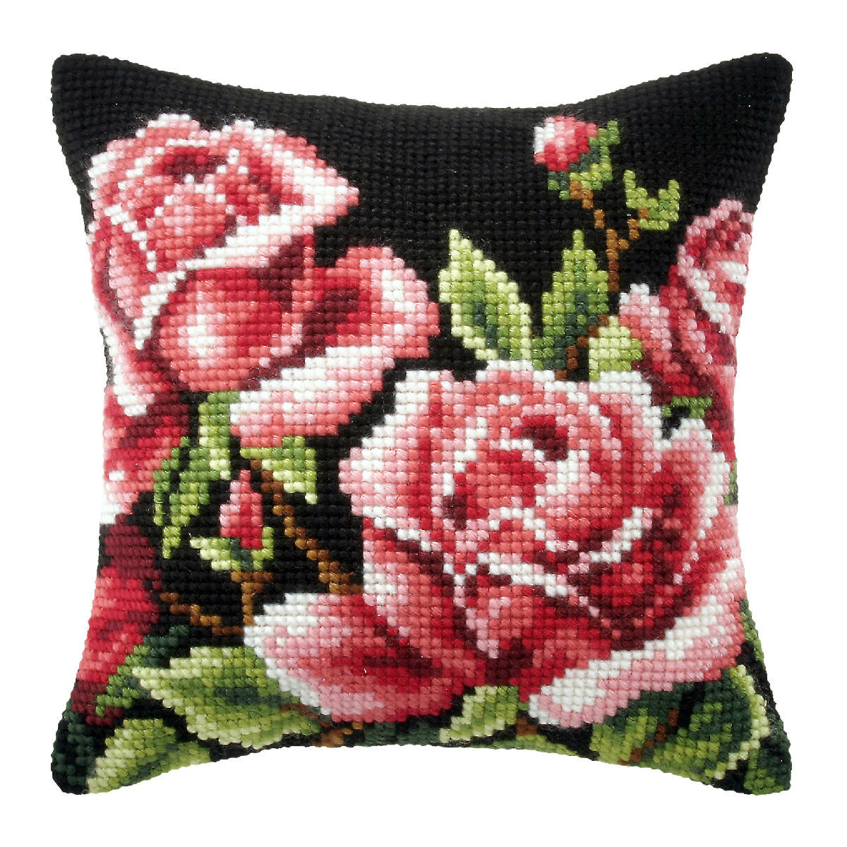 Cross stitched cushion with a roses on black design