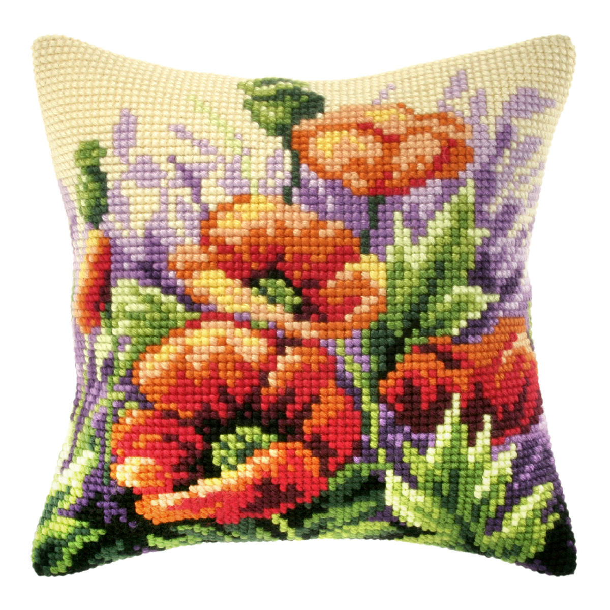Cross stitched cushion with a poppies in meadow design