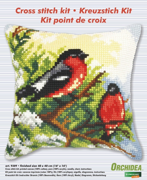 Finished cross stitch cushion with a bullfinches design