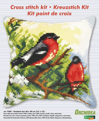 Finished cross stitch cushion with a bullfinches design