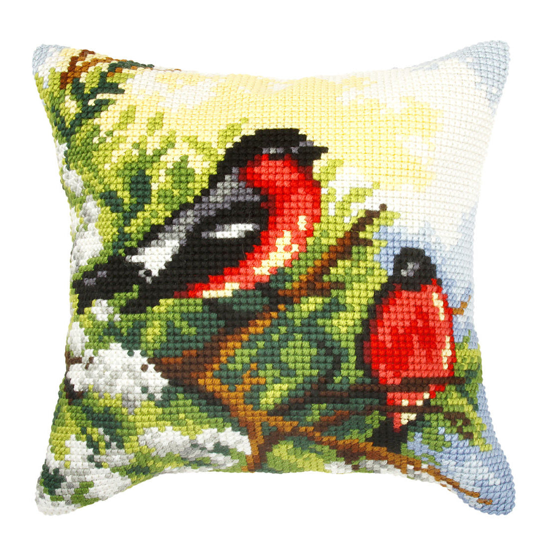 Finished cross stitch cushion with a bullfinches design