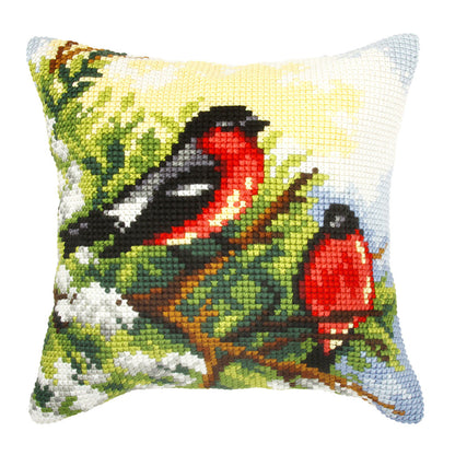 Finished cross stitch cushion with a bullfinches design