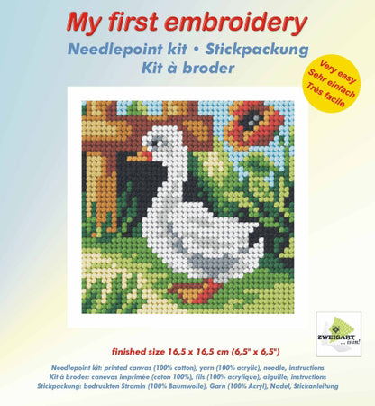 Finished beginner's needlepoint picture showing a baby goose