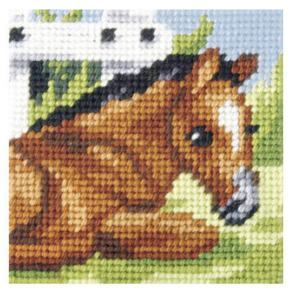 Finished beginner's needlepoint picture showing a in the field