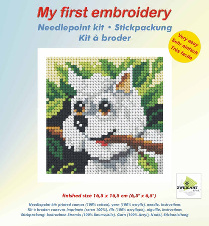 Finished beginner's needlepoint picture showing a best friend