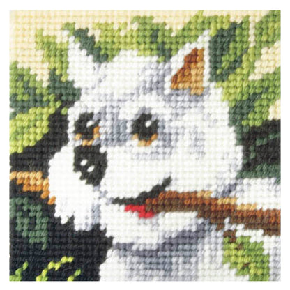 Finished beginner's needlepoint picture showing a best friend