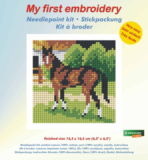 Finished beginner's needlepoint picture showing a brown horse
