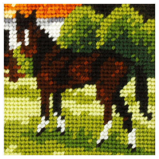Finished beginner's needlepoint picture showing a brown horse