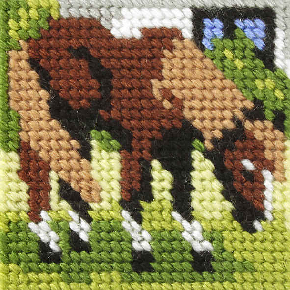 Finished beginner's needlepoint picture showing a horse