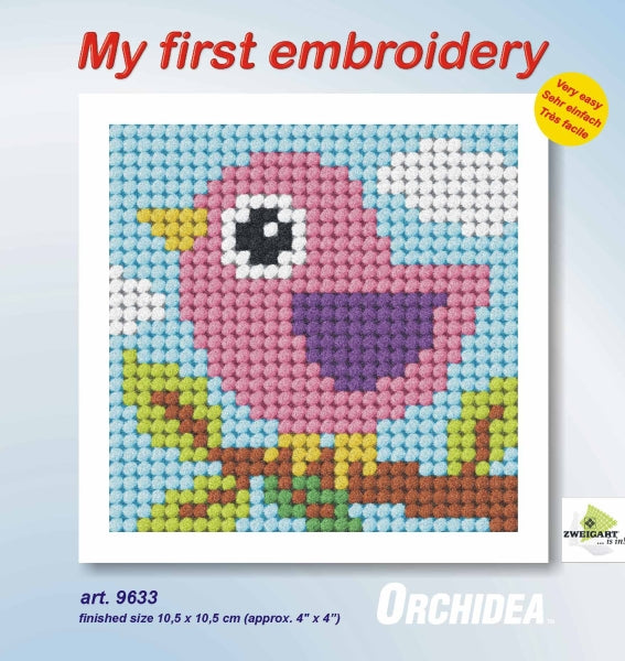 Finished beginner's needlepoint picture showing a bird