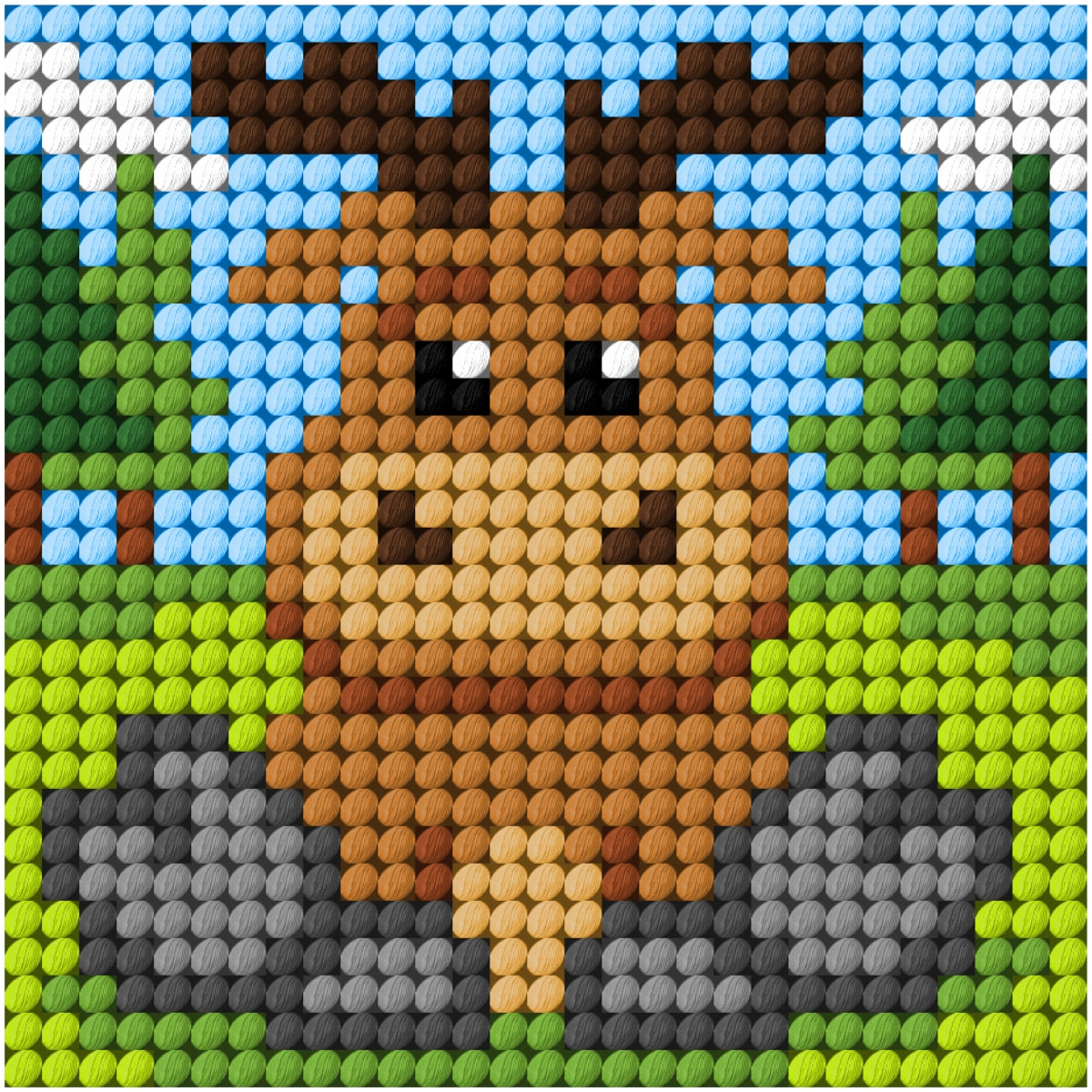 Finished beginner's needlepoint picture showing a reindeer