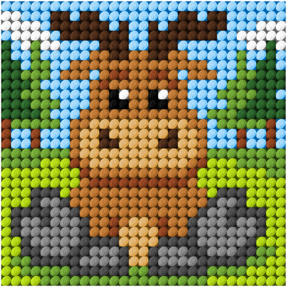 Finished beginner's needlepoint picture showing a reindeer