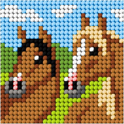 Finished beginner's needlepoint picture showing a horses