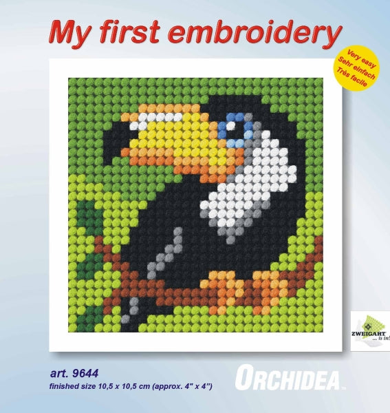 Finished beginner's needlepoint picture showing a toucan