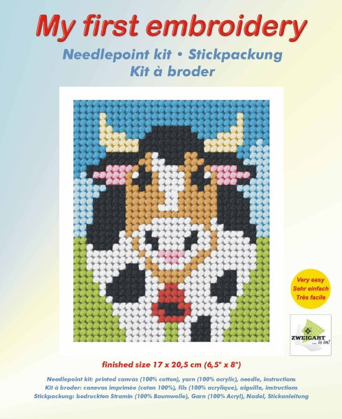 Orchidea My First Embroidery needlepoint kit with printed Alpine Cow design