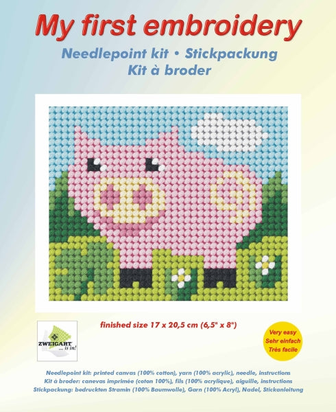 Orchidea My First Embroidery needlepoint kit with printed Pig design