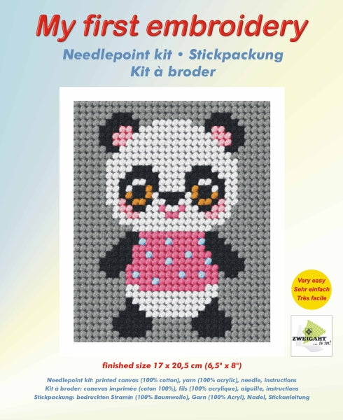 Orchidea My First Embroidery needlepoint kit with printed panda design