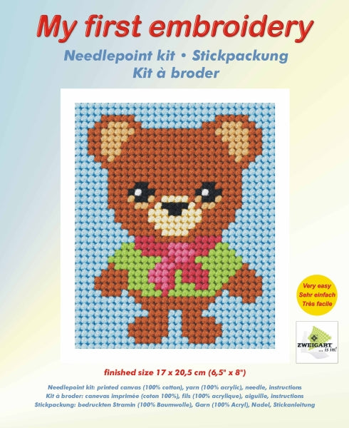 Orchidea My First Embroidery needlepoint kit with printed bear design