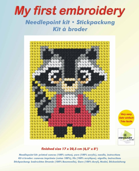 Orchidea My First Embroidery needlepoint kit with printed raccoon design