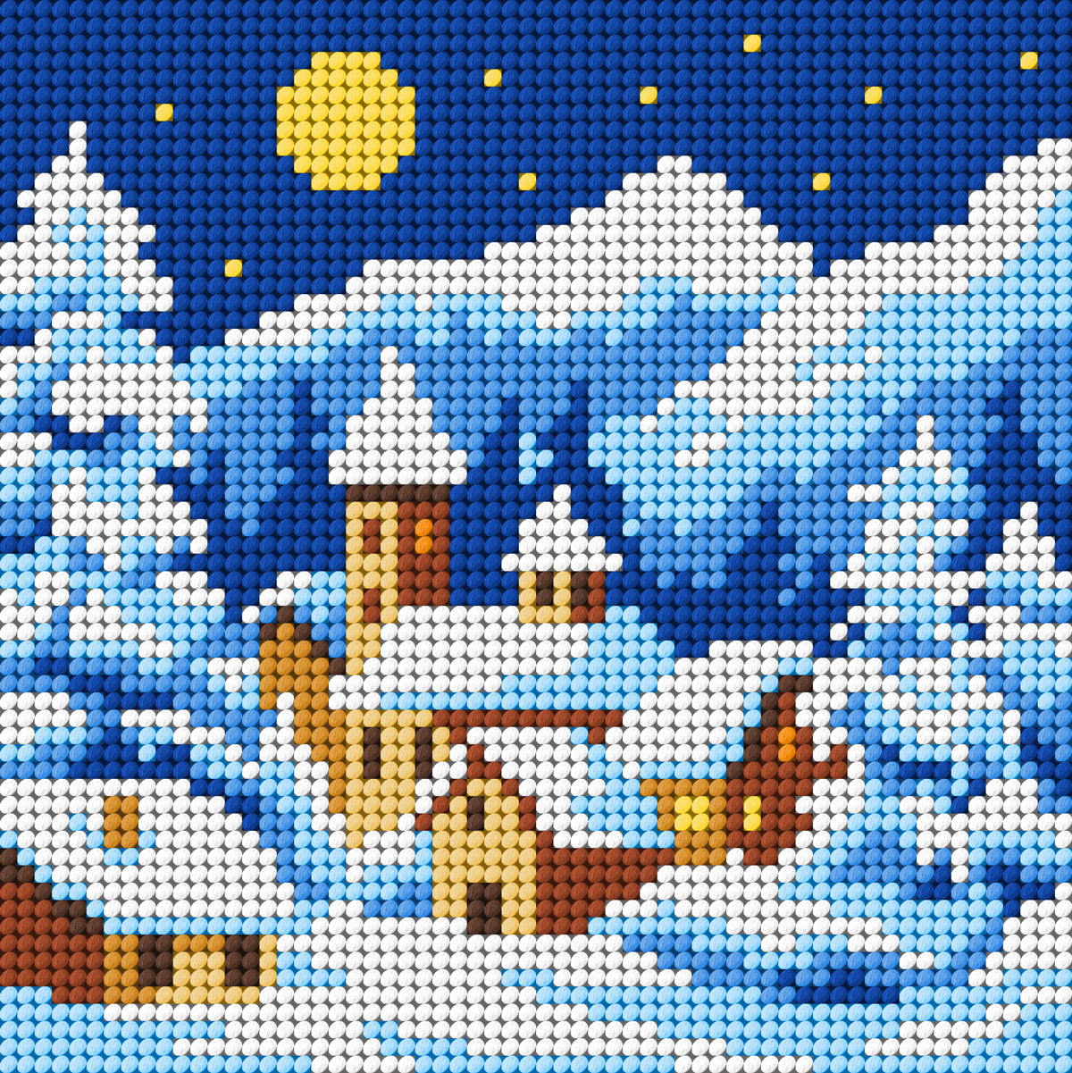 Orchidea beginner embroidery kit showing a snowy winter scene stitched on canvas