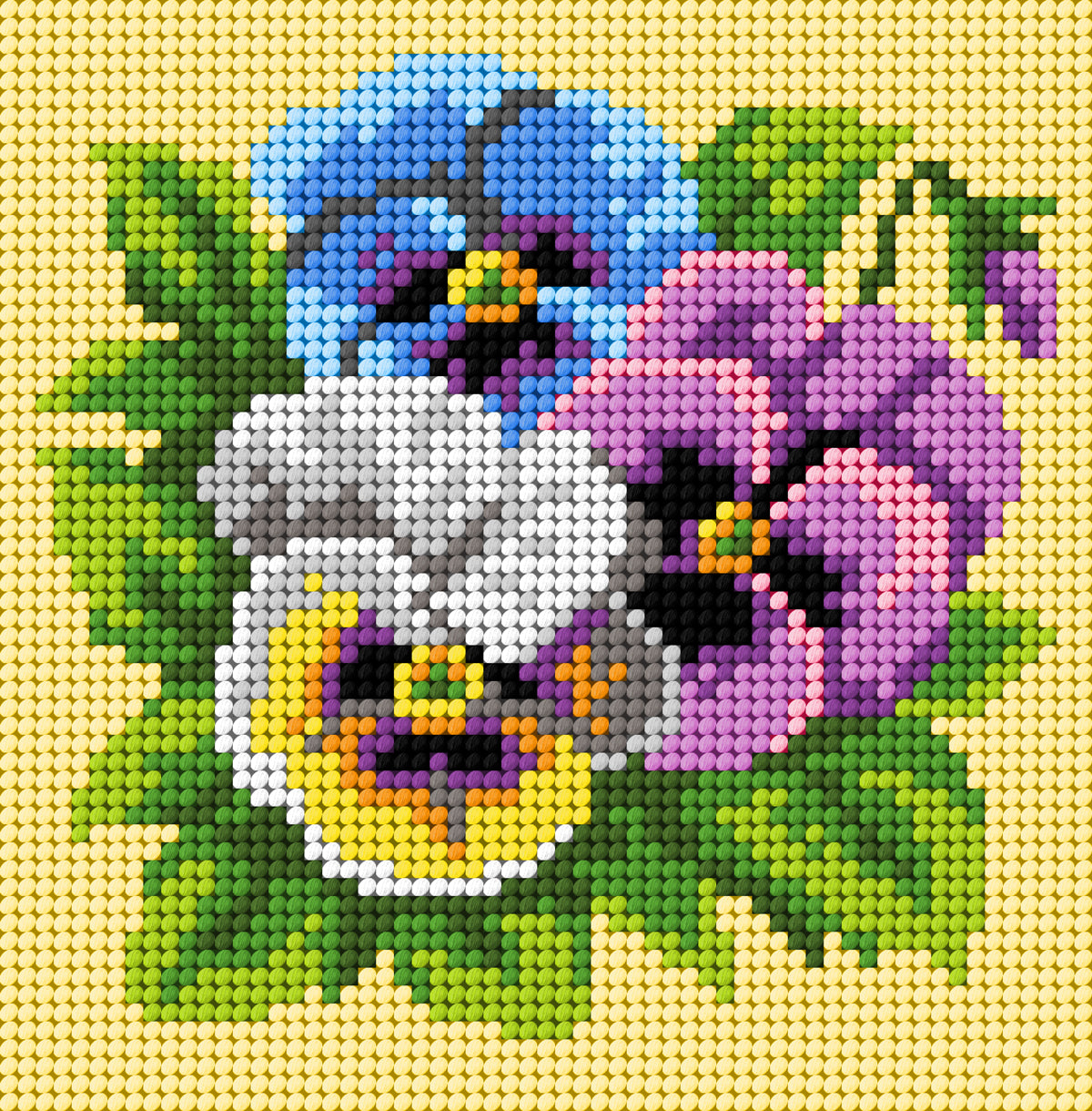 Orchidea beginner embroidery kit showing pansies stitched on canvas