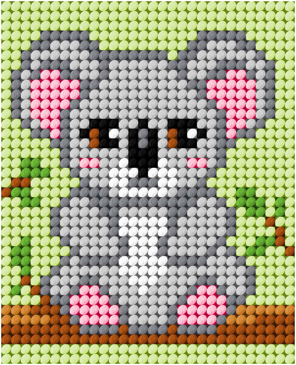 Finished koala needlepoint picture from a beginner's kit