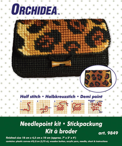 Orchidea needlepoint clutch bag stitched with a panther print pattern design