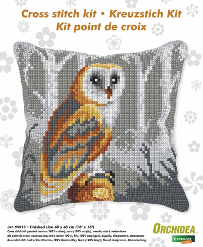 Orchidea cross stitch cushion showing an owl