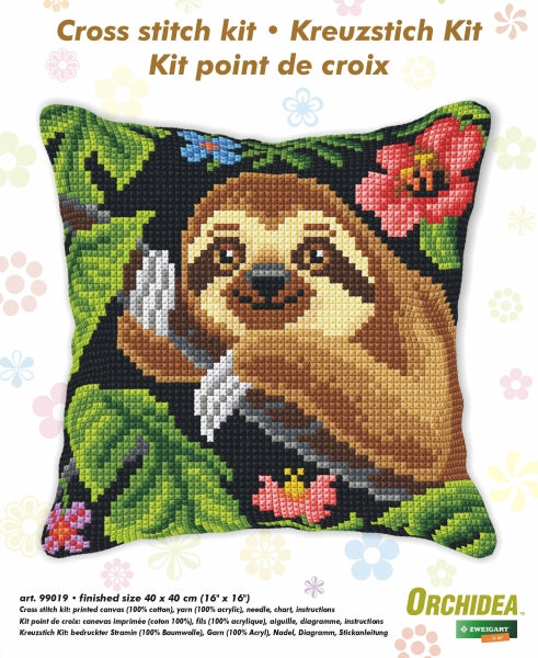 Orchidea cross stitch cushion showing a sloth