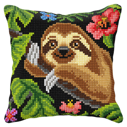 Orchidea cross stitch cushion showing a sloth