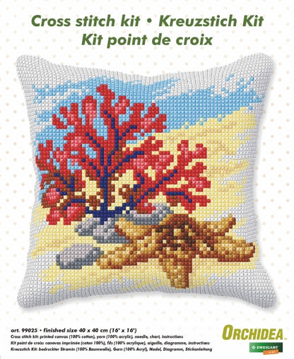 Orchidea cross stitch cushion showing coral and starfish