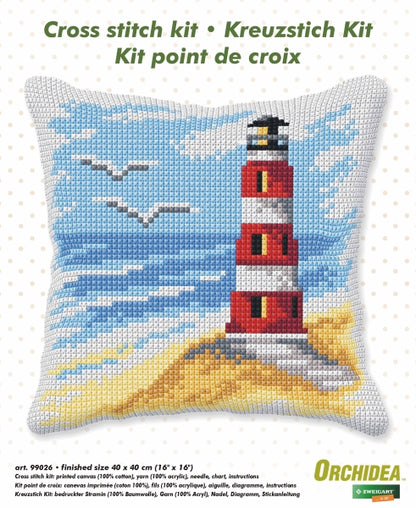 Orchidea cross stitch cushion showing a lighthouse