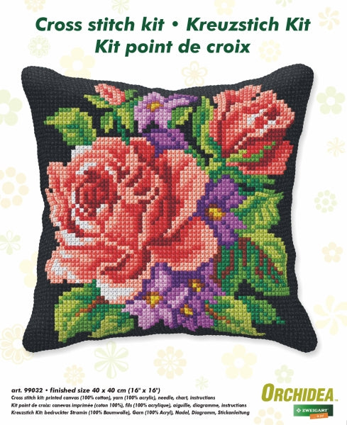 Orchidea cross stitch cushion showing roses and violets