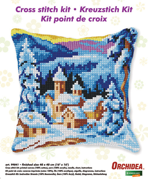 Orchidea cross stitch cushion showing a winter village