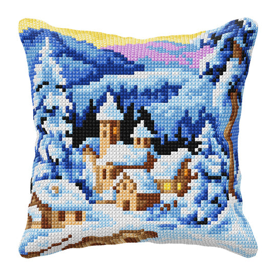 Orchidea cross stitch cushion showing a winter village