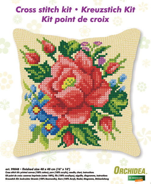 Orchidea cross stitch cushion showing a rose