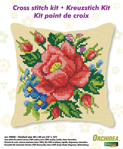 Orchidea cross stitch cushion showing a rose
