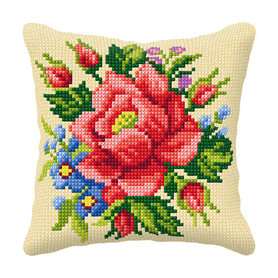 Orchidea cross stitch cushion showing a rose