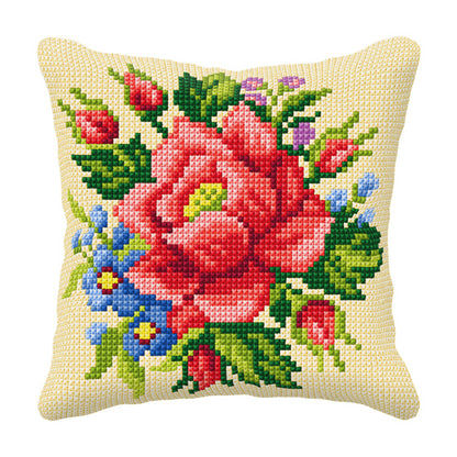 Orchidea cross stitch cushion showing a rose
