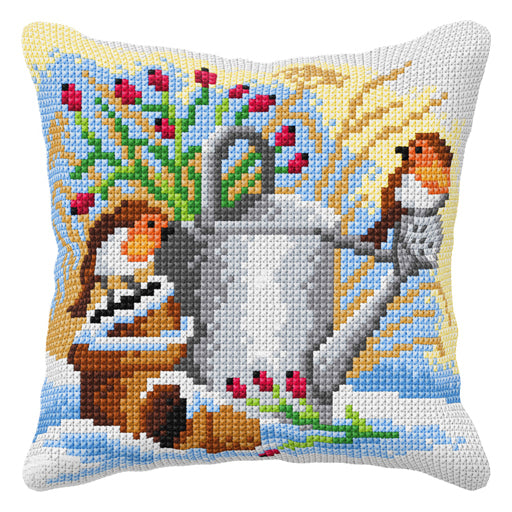 Orchidea cross stitch cushion showing birds perched on a watering can