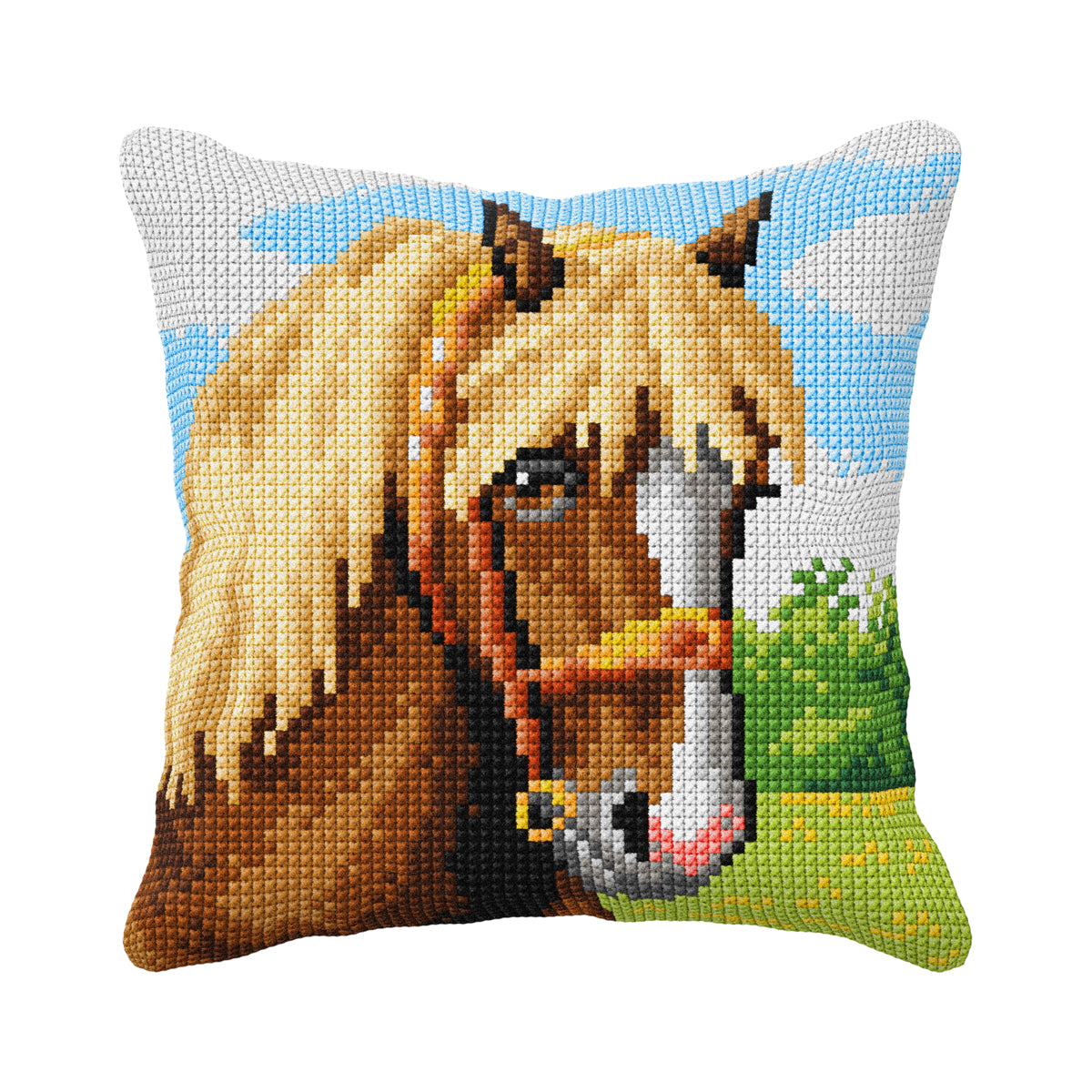 Orchidea cross stitch cushion showing a horse