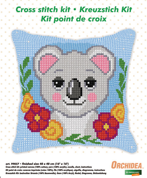 Orchidea cross stitch cushion showing a koala
