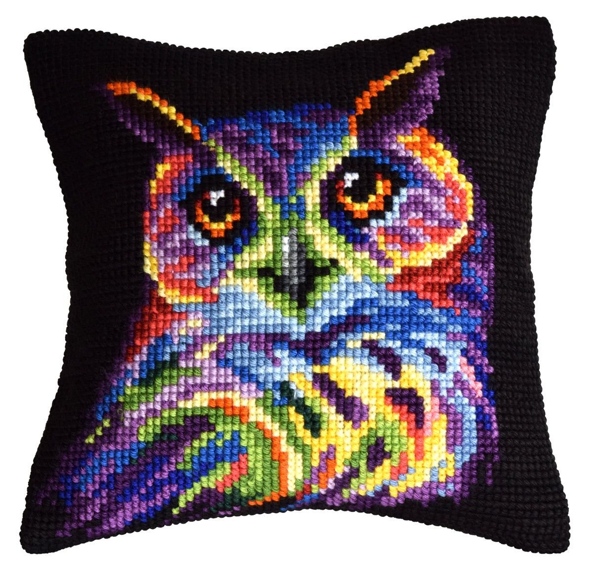 Orchidea cross stitch cushion showing a colourful owl