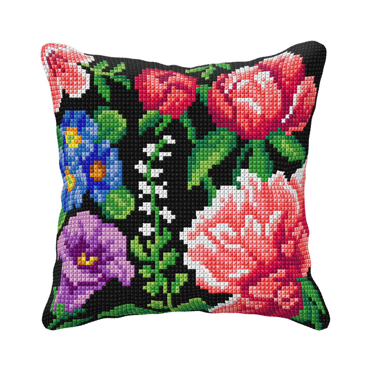 Orchidea cross stitch cushion showing pink and red roses with blue and purple flowers on a black background