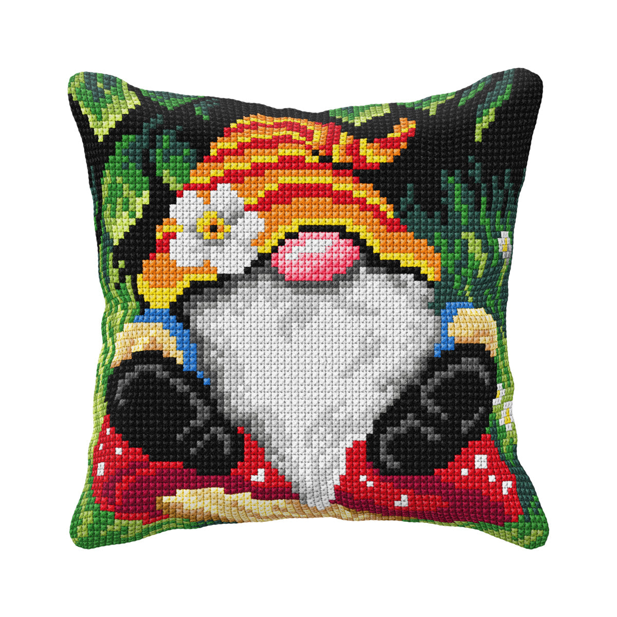 Orchidea cross stitch cushion kit with gnome design