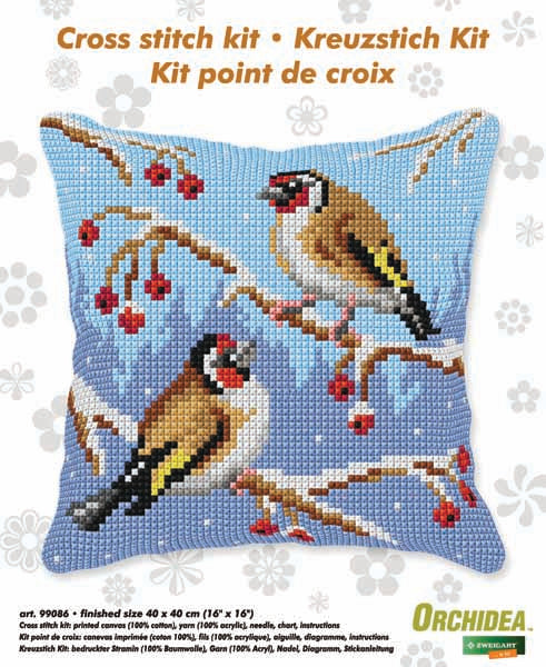 Stitched winter birds cushion front