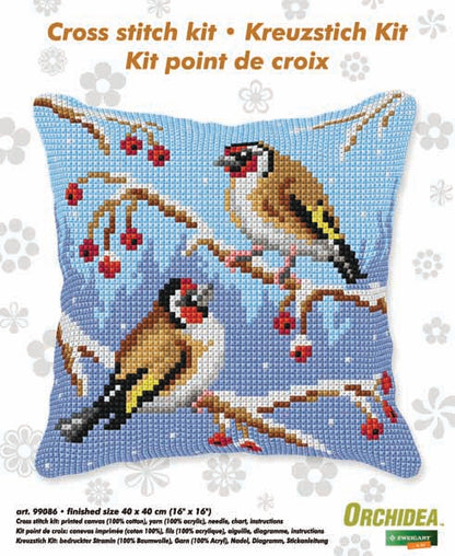 Stitched winter birds cushion front