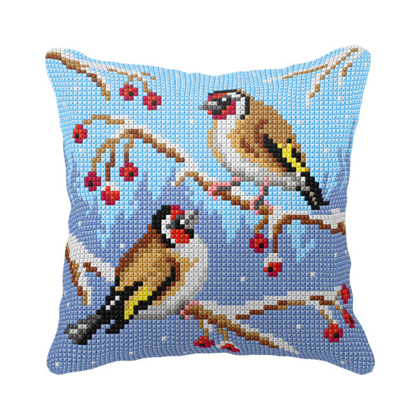 Stitched winter birds cushion front