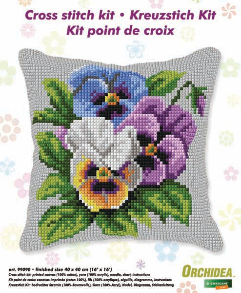 Stitched pansies cushion front