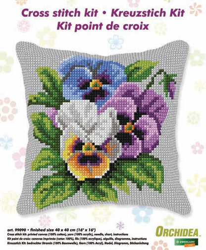 Stitched pansies cushion front